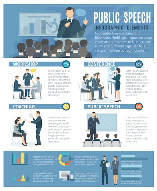 Public speech infographic elements with coaching workshop