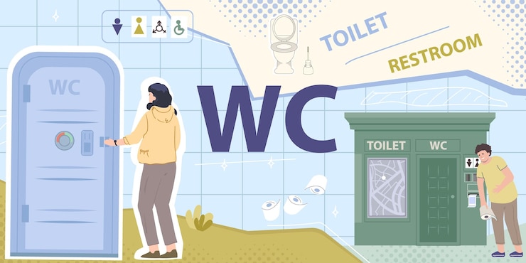 無料Vector 公共トイレのフラットコラージュ様々なタイプのトイレとジェンダーサインのベクトルイラスト