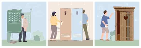Free vector public toilet flat square illustrations of different types of cabins including rustic toilet and open air urinals isolated vector illustration