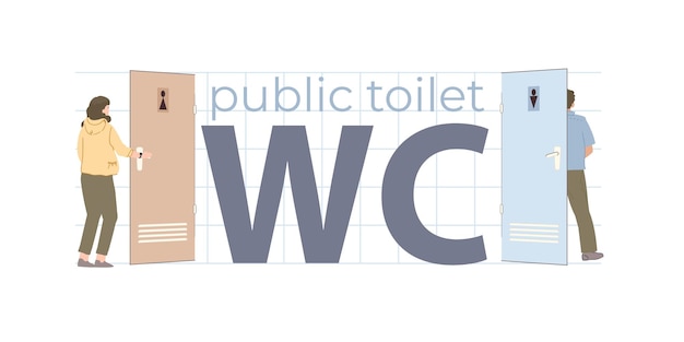 Vettore gratuito testo piatto della toilette pubblica con grandi lettere wc tra le porte con segni maschili e femminili illustrazione vettoriale