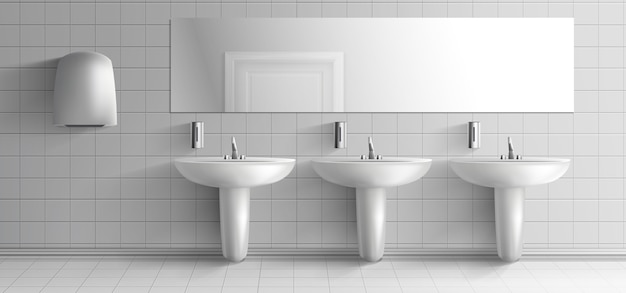 Public toilet minimalistic interior 3d realistic vector mockup. row of ceramic sink washbasins with metal faucet, soap dispensers, hand dryer unit and long mirror on white tilled wall illustration