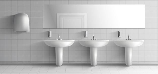Общественный туалет минималистичный интерьер 3d реалистичные вектор макет. Ряд керамических раковин с металлическим краном, дозаторами мыла, сушилкой для рук и длинным зеркалом на белой плиточной стене