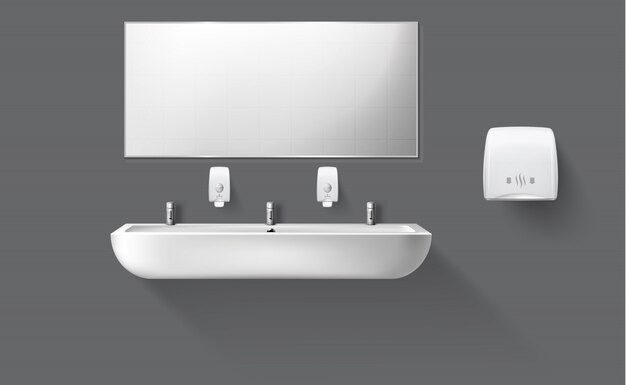 세라믹 싱크대와 거울이있는 공중 화장실