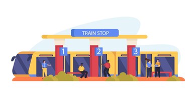Fondo piatto del trasporto pubblico con metropolitana o treno suburbano e persone sull'illustrazione di vettore della piattaforma
