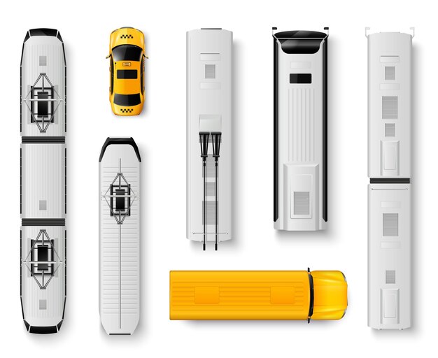 Общественный транспорт, вид сверху, реалистичные иконки, установленные с автобусным такси, трамвайным поездом, изолированным на белом фоне, векторная иллюстрация