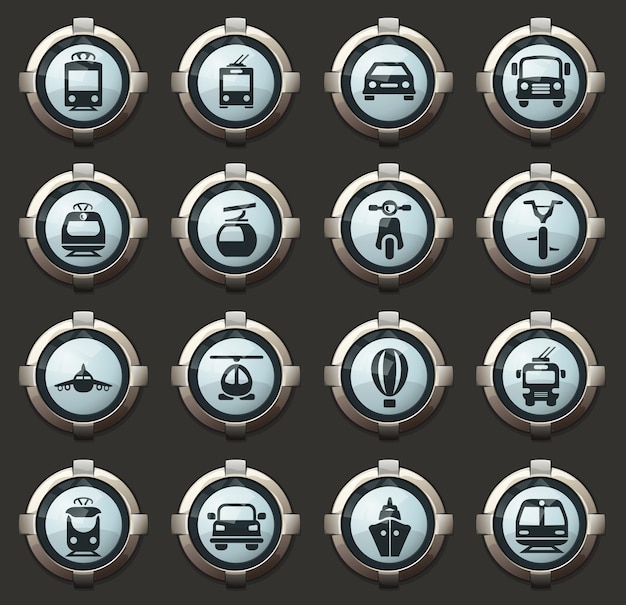 Векторные иконки общественного транспорта в стильных круглых кнопках для мобильных приложений и интернета