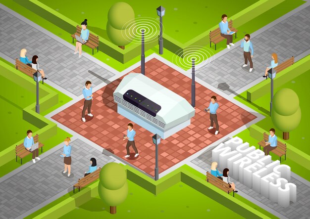 Free vector public wireless technology outdoor isometric poster