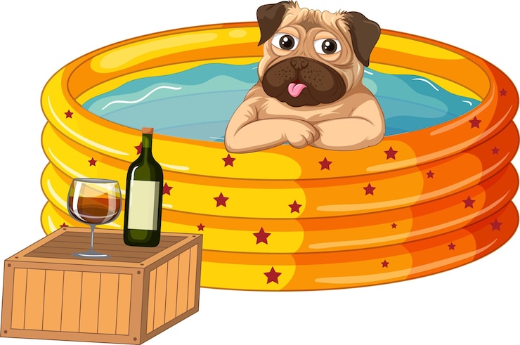 Free Vector pug soaking in water drinking wine