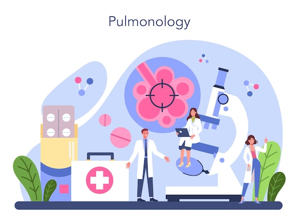 Пульмонолог Идея здоровья и лечения Здоровая легочная система Лечение и диагностика пневмонии астмы Изолированная векторная иллюстрация