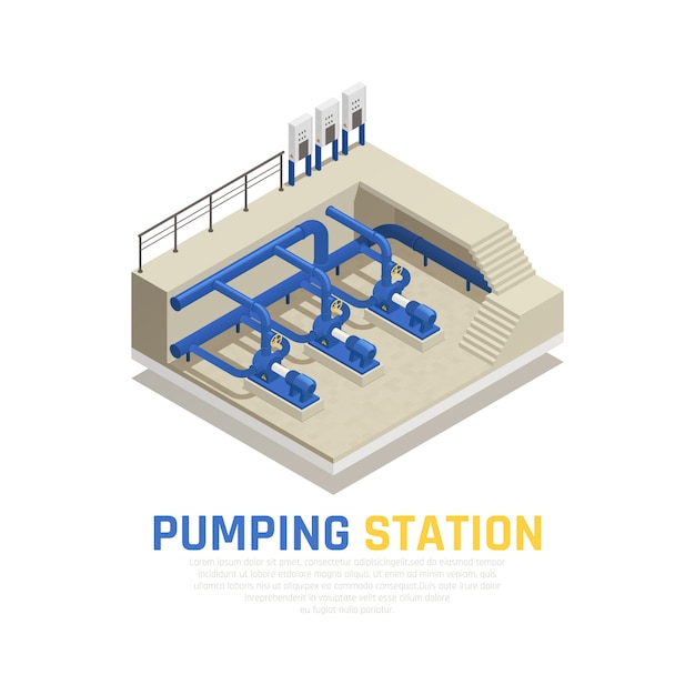 Concetto della stazione di pompaggio con simboli di pulizia dell'acqua isometrici