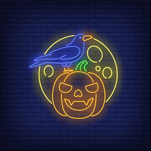 Бесплатное векторное изображение Тыква лицо, ворона и луна неоновая вывеска