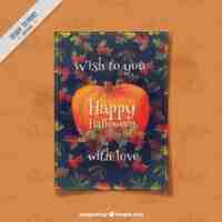 Free vector pumpkin halloween card with watercolor leaves