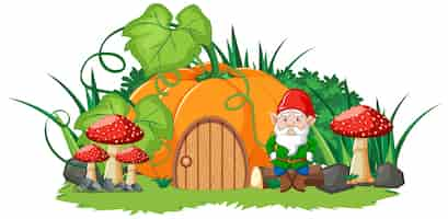 Free vector pumpkin house and gnome cartoon style on white background