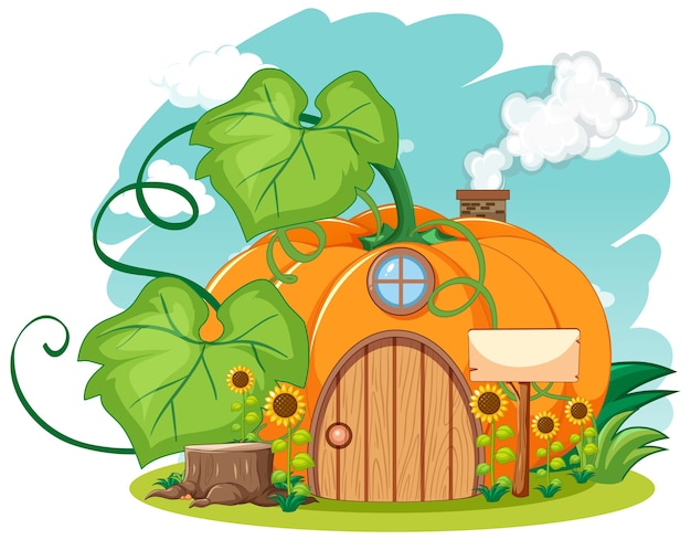 Free vector pumpkin house with sunflower cartoon style on sky background