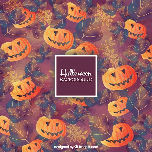 Free vector pumpkin and watercolor leaves background