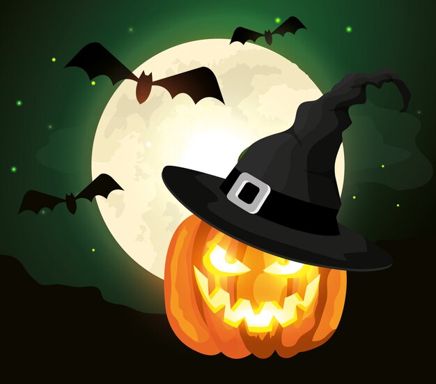 Pumpkin with hat witch and bats flying in halloween scene