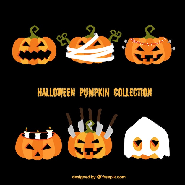 Pumpkins of halloween with different details in a flat design