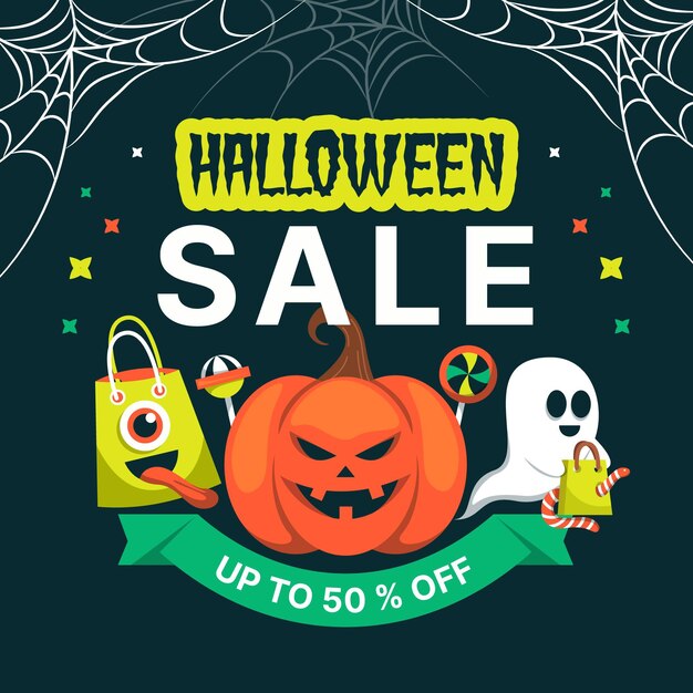 Pumpkins and spiderwebs flat design halloween sale
