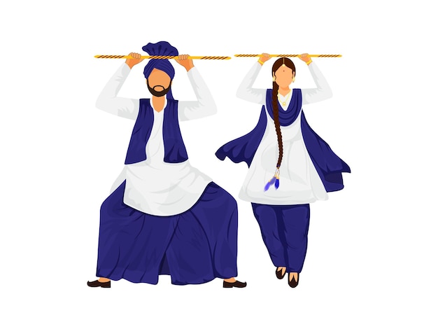 伝統的なダンスで木の棒を保持しているパンジャブのカップル。