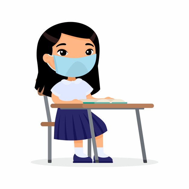 無料のベクター 彼の顔の平らなベクトルイラストセットに防護マスクを使ってレッスンで生徒 アジアの女子高生は彼女の机 で学校のクラスに座っています コロナウイルス保護 アレルギーの概念