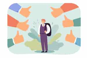 Free vector pupil with backpack surrounded by thumbs up. boy in official suit being respected by society flat vector illustration. education, public opinion concept for banner, website design or landing web page