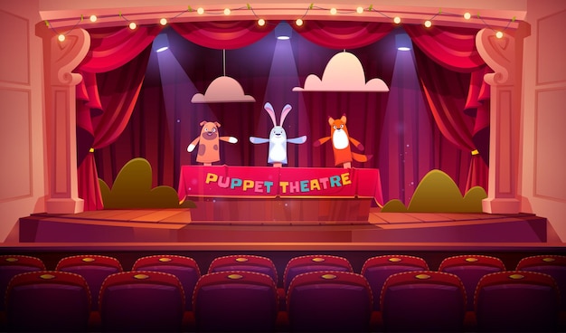 Free vector puppet show on theater stage with red curtains