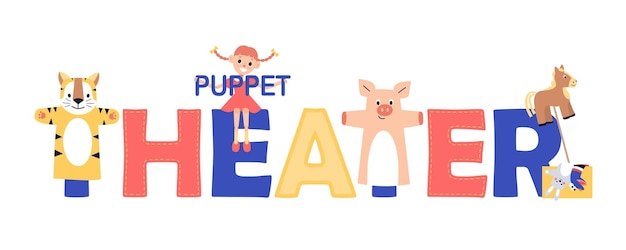 Free vector puppet show theatre composition of flat text with animal puppets on letters and little girl character vector illustration