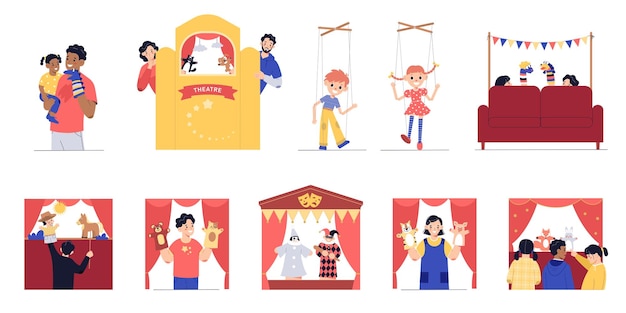 Free vector puppet show theatre flat set of isolated compositions showing artists performing with puppets and kids watching vector illustration