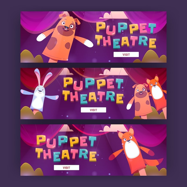 Banner web del fumetto del teatro delle marionette bambole divertenti eseguono spettacoli o fiabe per bambini sul palco giocattoli a mano cane coniglio e volpe personaggi spettacolo teatrale per bambini illustrazione vettoriale