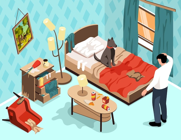 Free vector puppy behavior problem isometric background with owner looking at doggy pet sitting on bed in messy room vector illustration