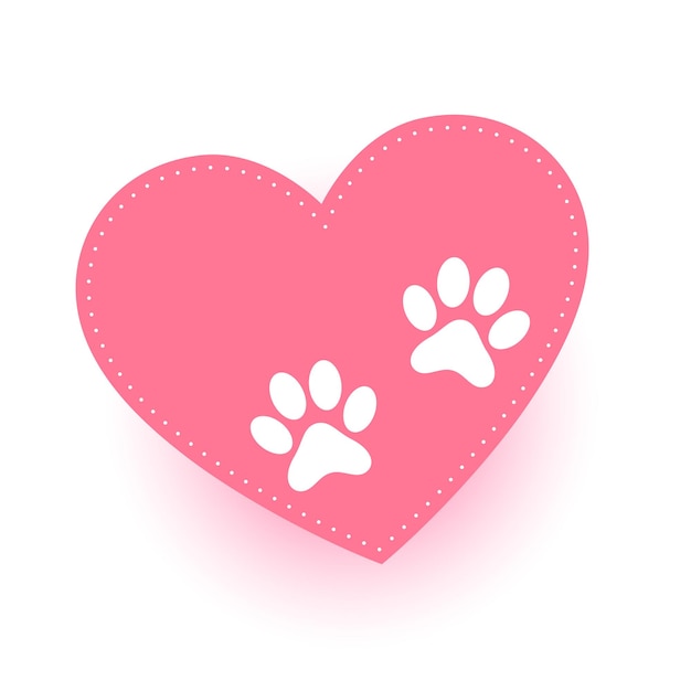 Puppy or kitten paw print on love heart background