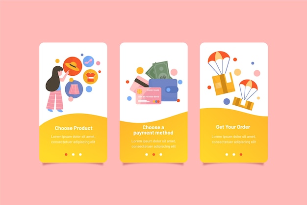 Free vector purchase online onboarding app screens pack