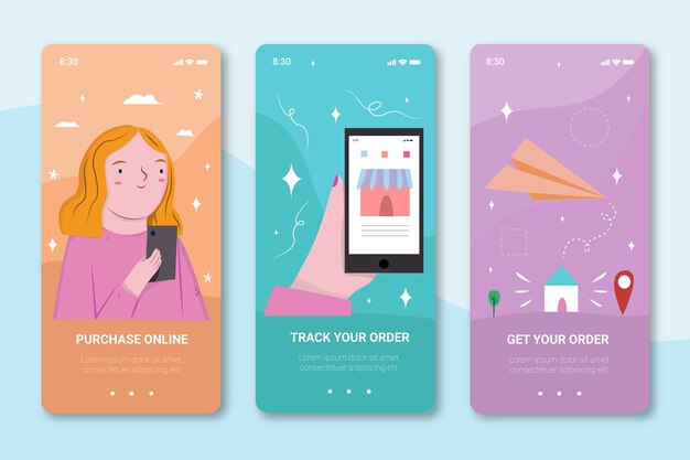 Purchase online onboarding app screens