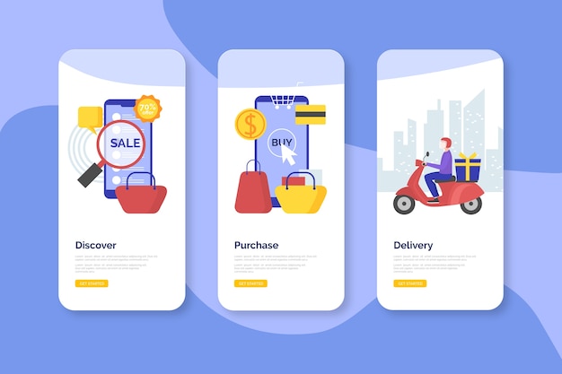 Purchase online onboarding app screens