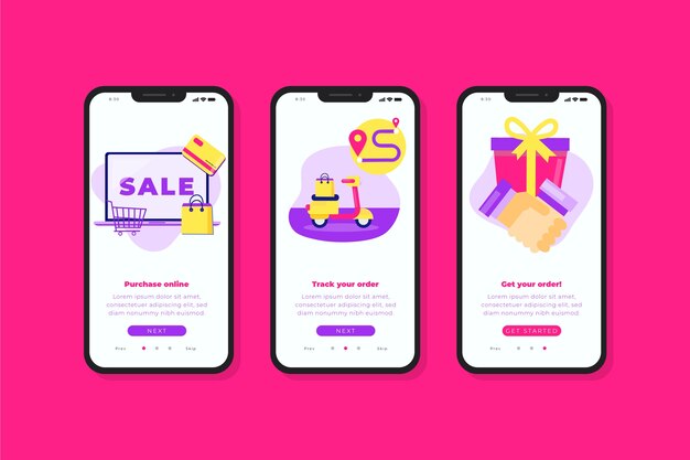 Purchase online onboarding app screens