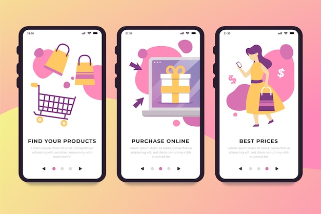 Purchase online onboarding app screens