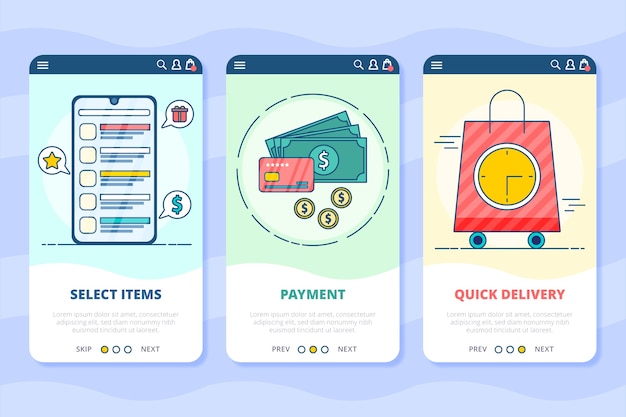 Free vector purchase online onboarding app screens