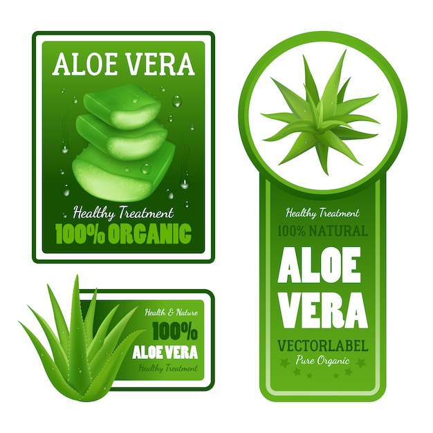 Vettore gratuito l'aloe vera naturale verde organica pura lascia le insegne sane dell'etichetta di trattamento con testo