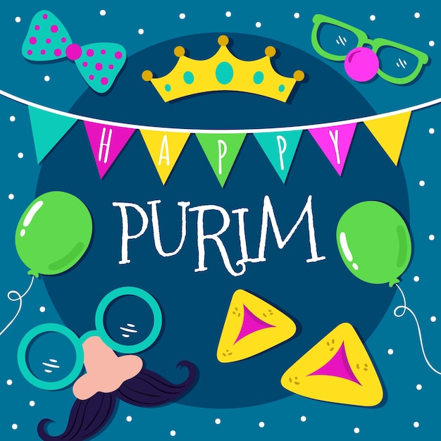 Free vector purim day lettering with illustrated elements