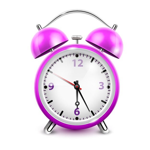 Purple alarm clock with two bells in retro style on white background realistic vector illustration