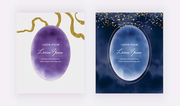 楕円形​の​フレーム​と​金色​の​キラキラ​ライン​と​紙吹雪​と​紫​と​紺​の​水彩​カード