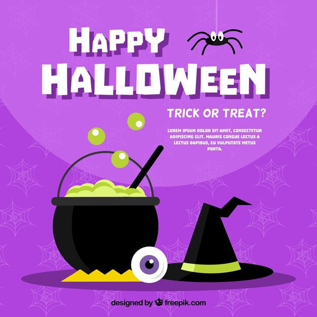 Purple background with cauldron and witch hat