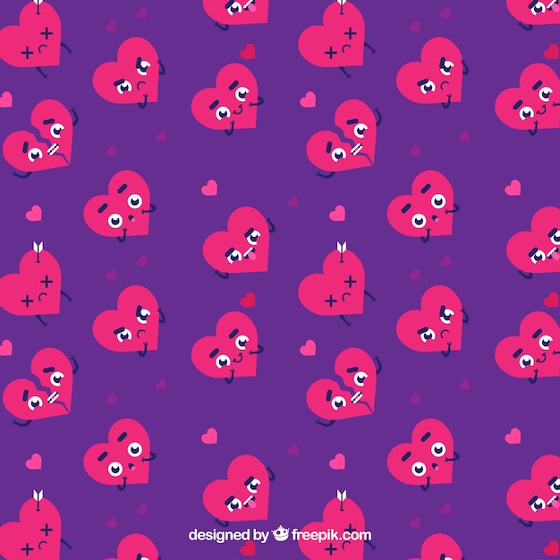 Purple background with characters of hearts