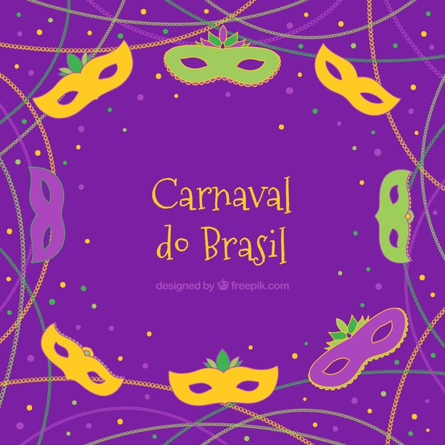 Фиолетовый фон с конфетти и бразильские карнавальные маски