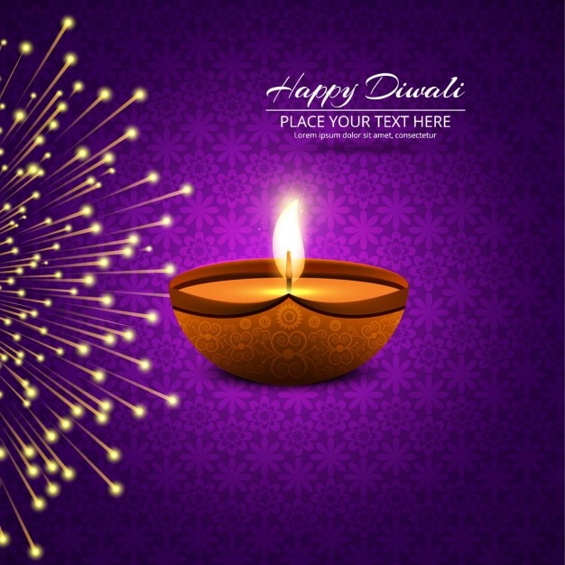 Free vector purple background with fireworks and a candle for diwali