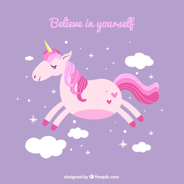 Free vector purple background with flying unicorn