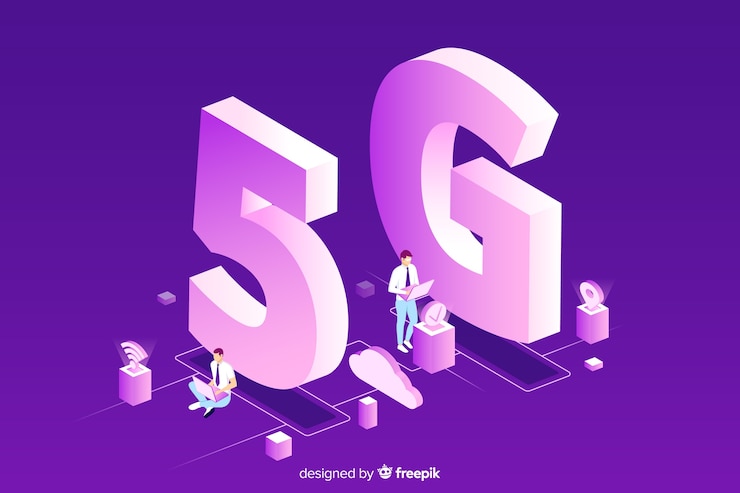 Free Vector purple background with isometric 5g concept