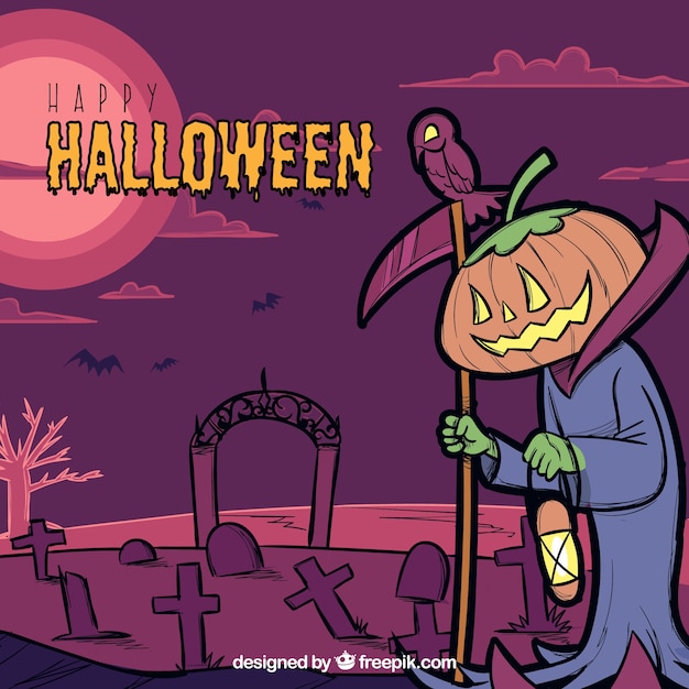 Purple background with jackolantern dressed as a grim reaper