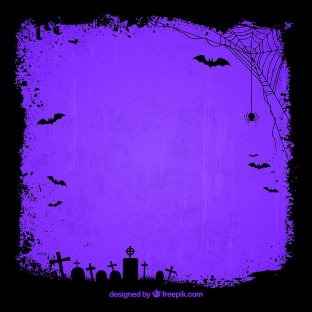 Purple background with silhouettes of tombs and spider web