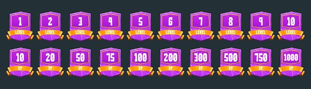 Free vector purple badges with level number and xp points